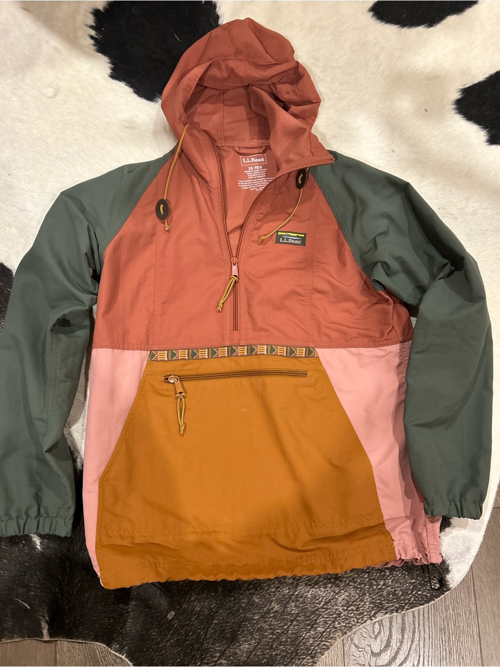 L.L. Bean Colorblock Hooded Anorak Jacket - Rust, Olive & Pink